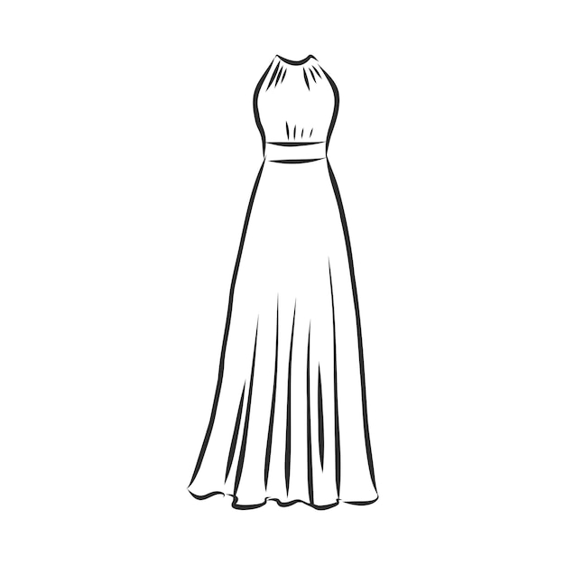 Schwarze umrisszeichnung isoliert auf weißem hintergrund damenkleid vektorskizze illustration