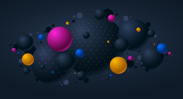 Schwarze und farbige gepunktete Kugeln Vektorillustration, abstrakter Hintergrund mit schönen Kugeln mit Punkten, 3D-Globen entwerfen Konzeptkunst.