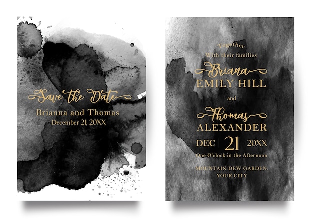 Schwarze und goldene alkoholtinten-aquarell-hochzeitseinladung mit save the date