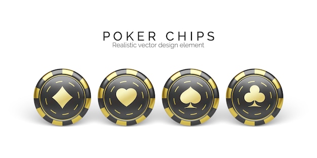 Schwarze und goldene casino-chips, isoliert auf weiss. spielchips mit spielkartensymbol. vektor-illustration