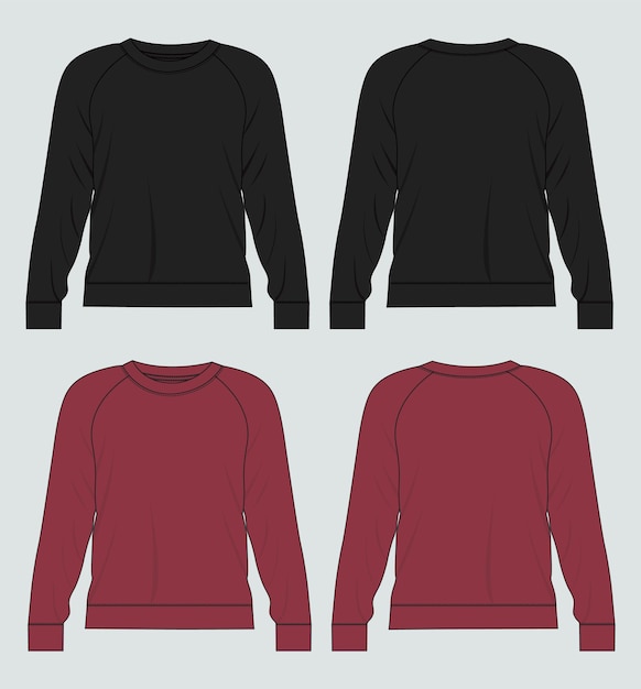 Vektor schwarze und rote farb-sweatshirt-vektor-illustrationsvorlage, vorder- und rückansicht