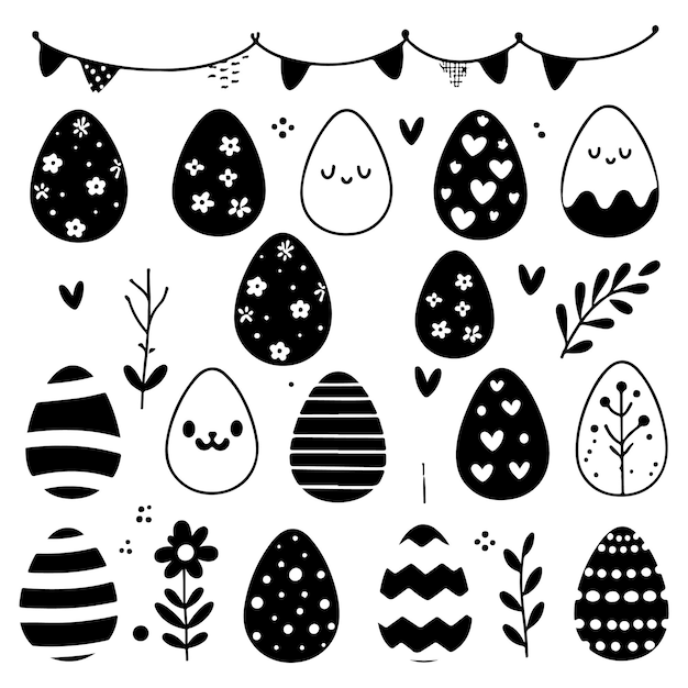 Vektor schwarze und weiße ostereier clipart glückliche ostern clip art im cartoon-flat-stil perfekt für