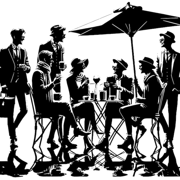 Vektor schwarze und weiße silhouette einer gruppe von europäern, die sich im städtischen straßencafé begrüßen