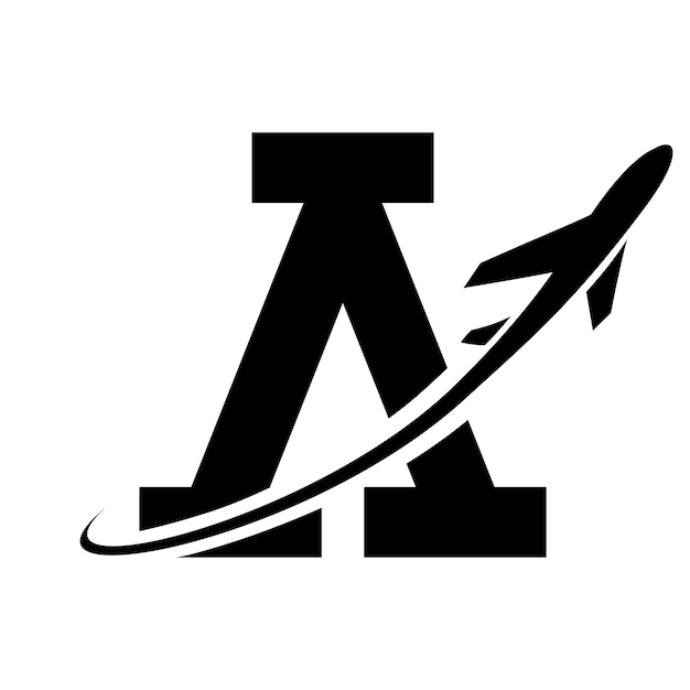 Schwarzer antiker buchstabe a-symbol mit einem flugzeug auf weißem hintergrund