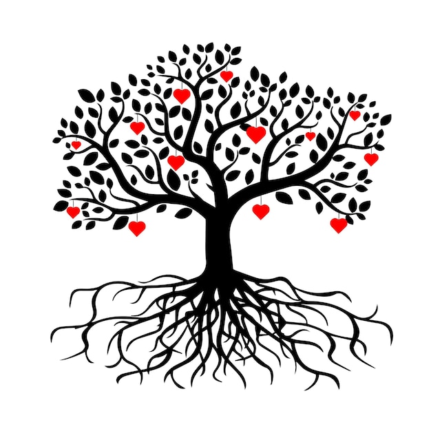 Schwarzer Baum mit Wurzeln und Herzen Vektorvorratillustration