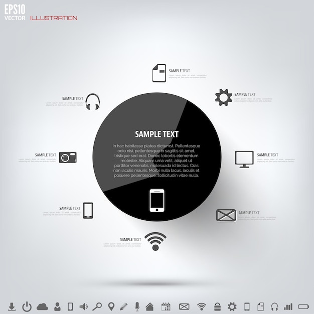 Vektor schwarzer cloud-computing-hintergrund mit web-ikonen, sozialen netzwerken und infografiken für mobile apps