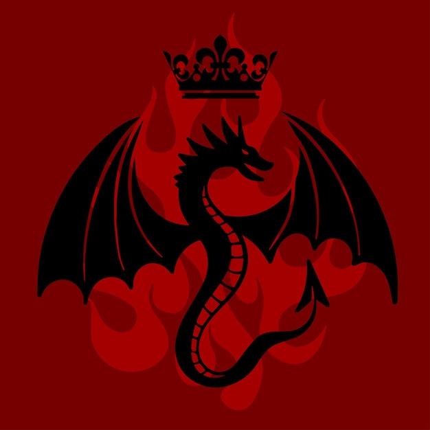 Schwarzer drache mit krone über dem kopf auf dem feuerhintergrund als symbol des hauses targaryen