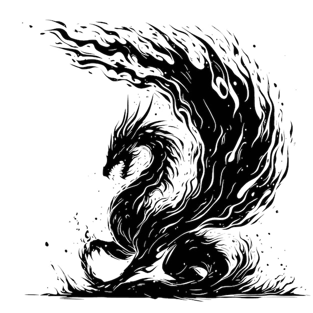 Schwarzer drache schwarze dekorative zeichnung eines drachen, der von flammen umgeben ist