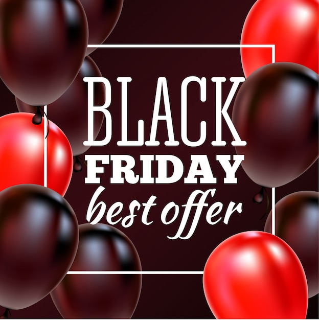 Schwarzer Freitag-Verkaufsplakat mit glänzenden Luftballons auf schwarzem Hintergrund mit quadratischem Rahmen.