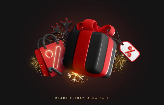 Schwarzer Freitag. Weihnachtsverkauf. Neujahrsrabatte. Realistisches 3D-Objektdesign, rote Geschenkbox, dunkle Schneeflocke, glitzerndes Konfetti, Einkaufstasche. Feiertagsüberraschung und Geschenk. Vektorillustration