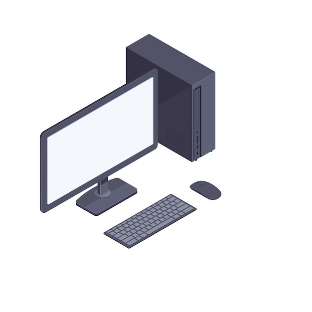 Schwarzer isometrischer Desktop-Computer lokalisiert auf weißem Hintergrund.