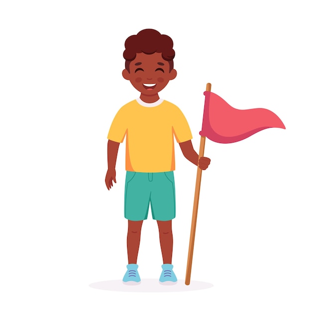 Schwarzer junge mit camp-flagge pfadfinder camping sommer kinder camp konzept vektor-illustration