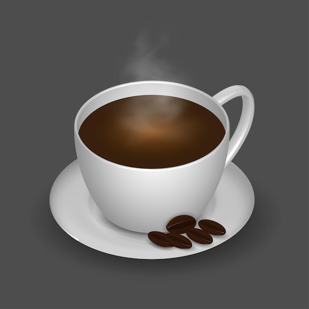 schwarzer kaffee, mit weißer tasse und untertasse, realistisch mit rauch und kaffeebohnen, vektorillustration