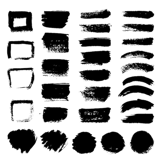 Schwarzer Kunstpinsel-Vektorsatz der Tinte. Schmutzige grunge gemalte Anschläge. Schmutzige Schmutzillustration des schwarzen Lack- und Pinselanschlags