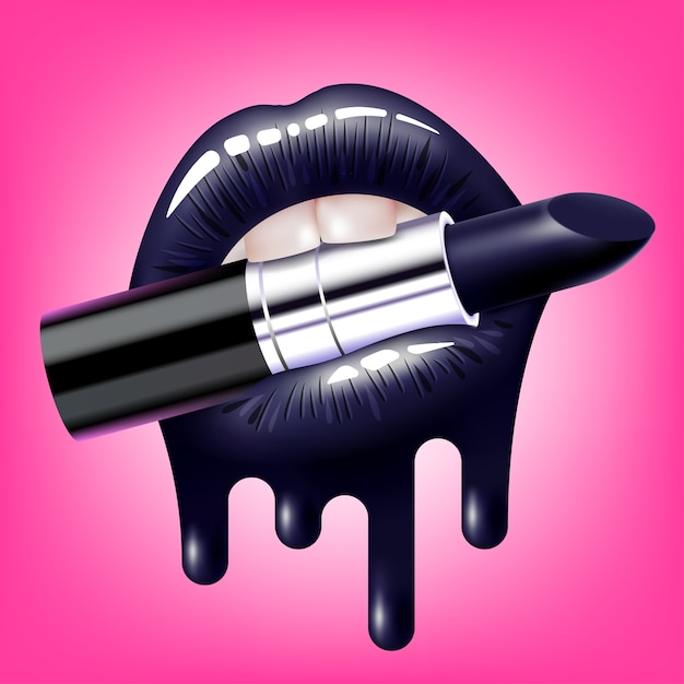 Schwarzer Make-up-Lippenstift im offenen Frauenmund mit glänzenden geschmolzenen Lippen auf dem rosa Raum