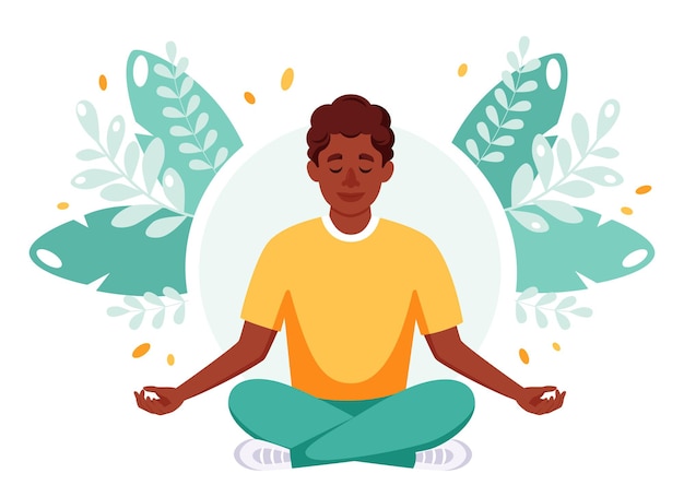 Schwarzer mann, der im lotussitz meditiert gesunder lebensstil yoga entspannung erholung vector illustration