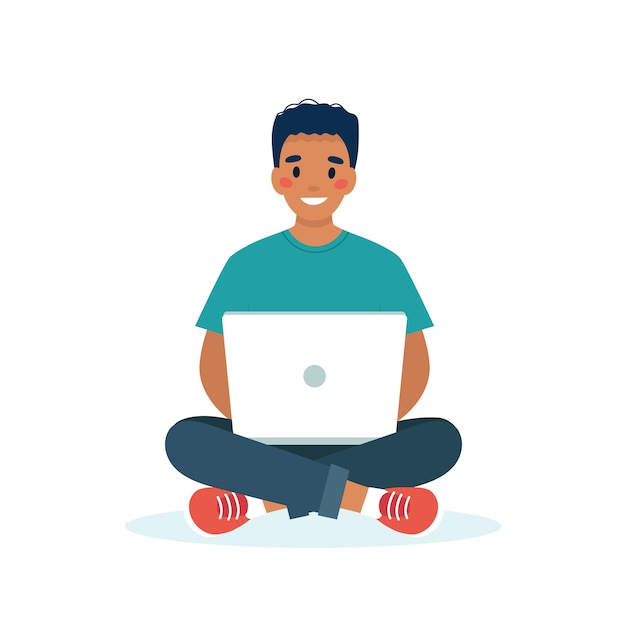 Vektor schwarzer mann mit einem laptop, der arbeits-, studenten- oder fernarbeitskonzept arbeitet