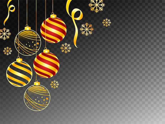 Schwarzer Png Hintergrund verziert mit hängenden Weihnachtskugeln und goldenen Schneeflocken.