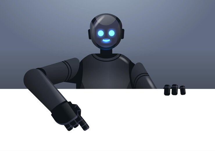 Vektor schwarzer roboter-cyborg, der auf leere leere weiße tafel zeigt moderne robotercharakter-technologie für künstliche intelligenz