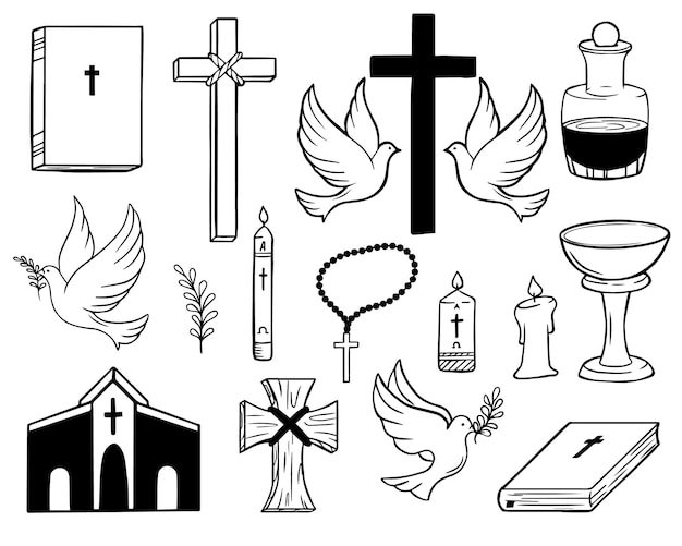 Schwarzer Satz taufbezogener Symbole christlicher Religionssymbole