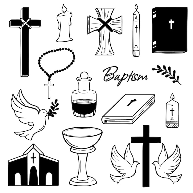 Schwarzer Satz taufbezogener Symbole christlicher Religionssymbole