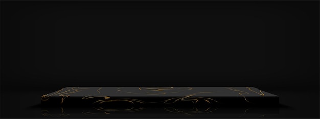 Schwarzer sockel mit marmormustern im luxuriösen design für die produktpräsentation auf dunkelschwarzem hintergrund.