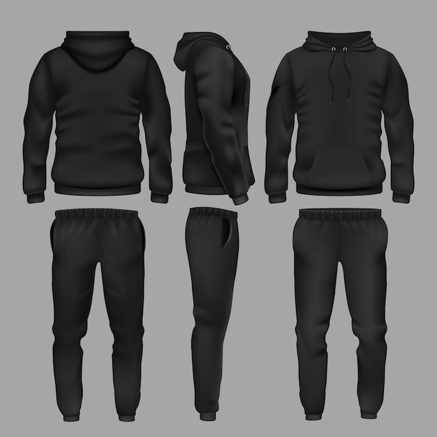 Schwarzer Sportswear Hoodie und Hose. Sportbekleidung mit Hoodie, Herrenmodehose und Jogginghose