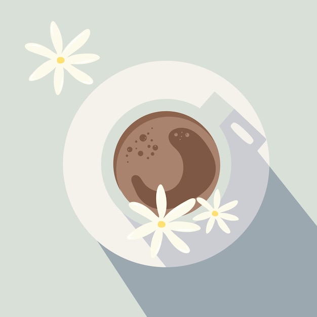 Vektor schwarzer tee mit aromatischen kräutern kamille wildblumen und eine tasse kräutergetränk auf einer untertasse draufsicht vektor-illustration im flachen stil künstlerische schatten