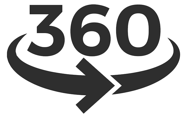 Schwarzes 360-grad-symbol um eine 3d-videokamera isoliert auf weißem hintergrund