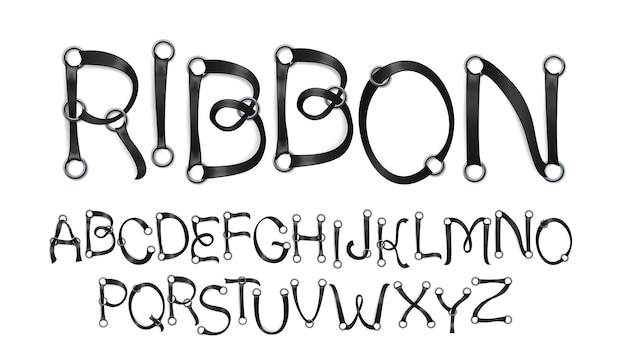 Schwarzes band durch ösen schriftart metallöse und streifenbeschriftung stil realistische 3d-alphabet-buchstaben für slogan-design-vektorsatz