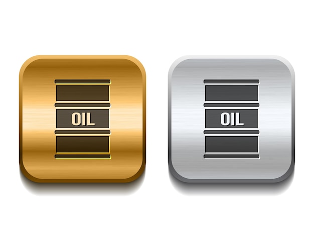 Schwarzes barrel-ölsymbol auf silbernen und goldenen quadratischen knöpfen. vektorillustration