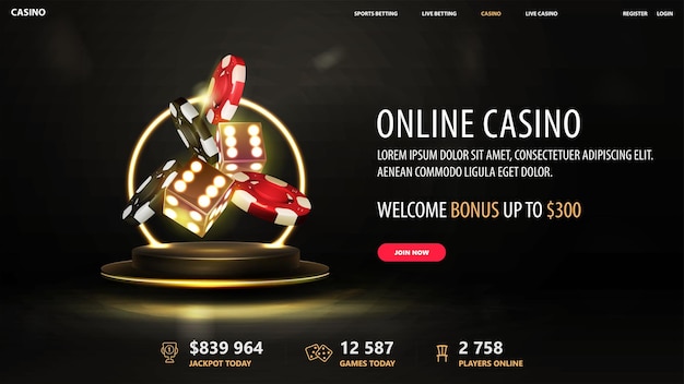 Schwarzes casino-webbanner mit goldenen 3d-würfeln mit roten und schwarzen realistischen glücksspielstapeln von casino-chips auf goldenem podium mit gelbem neonring im hintergrund