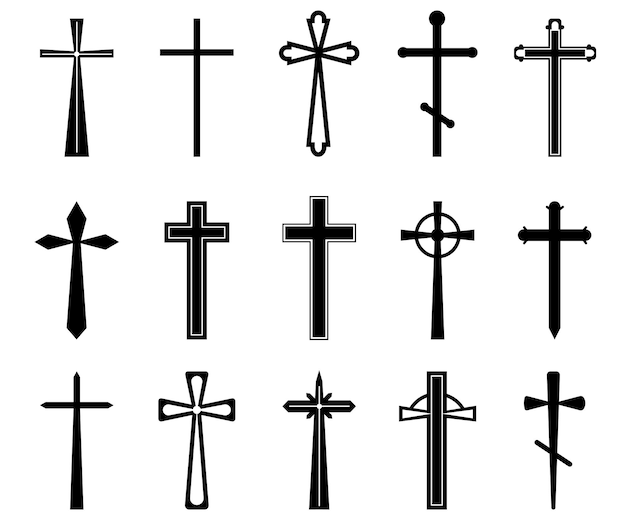 Vektor schwarzes christliches kreuz kirche jesus zeichen kreuze kruzifix silhouette heilige grafische katholische und orthodoxe symbole religiöse anständige vektorsammlung von kreuzreligionssymbolillustrationen