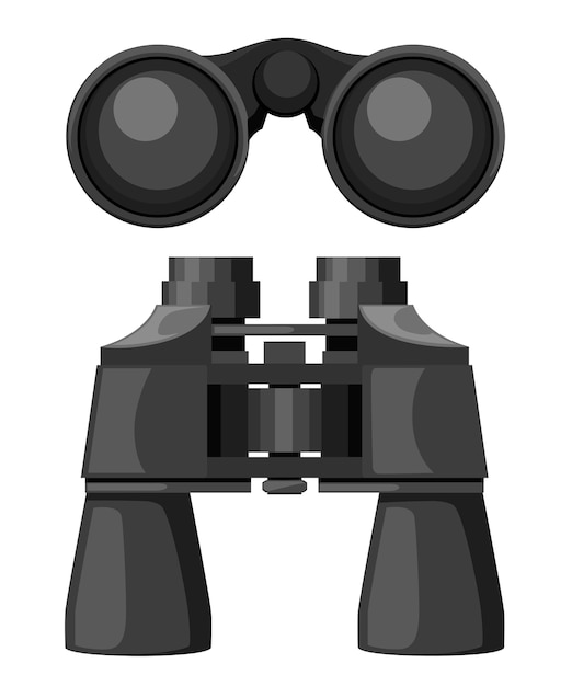 Schwarzes fernglas vorder- und draufsicht. geschlossene linse. illustration auf weißem hintergrund.