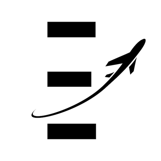 Schwarzes futuristisches buchstabe-e-symbol mit einem flugzeug auf weißem hintergrund
