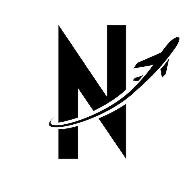 Schwarzes futuristisches buchstabe-n-symbol mit einem flugzeug auf weißem hintergrund