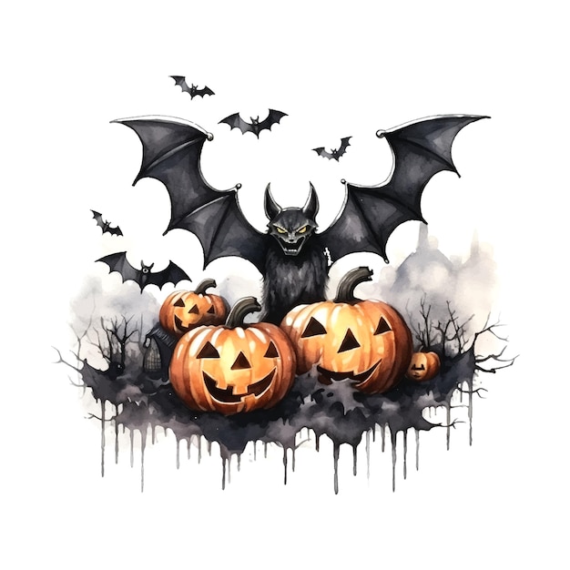 Schwarzes halloween-fledermaus-aquarell auf weißem hintergrund