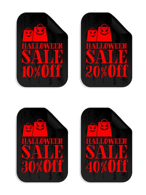 Schwarzes halloween-sale-aufkleberset mit gruseligen einkaufstüten halloween-sale 10 20 30 40 rabatt