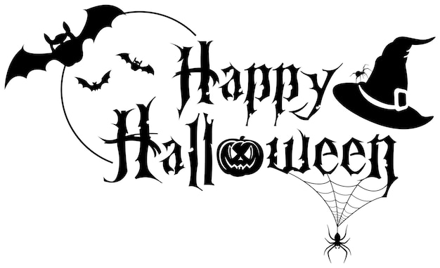 Schwarzes Happy Halloween Textbanner mit Spinne und Bädern und Hexenhut