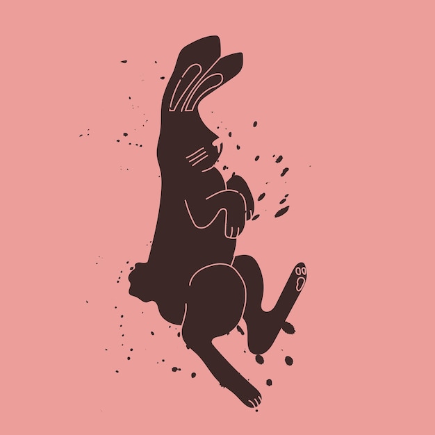 Schwarzes kaninchen auf rosafarbenem hintergrund mit schwarzen spritzern der hase fliegt oder springt symbol von 2023 vektor trendige illustration für design-t-shirt-drucke-aufkleber