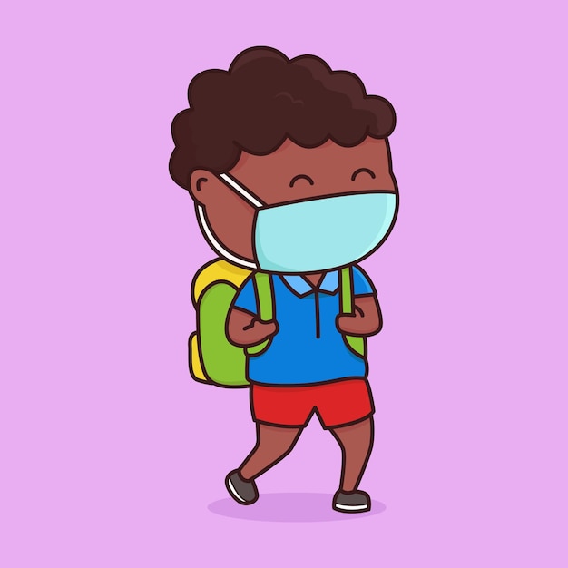 Schwarzes kind mit maske und schultasche cartoon