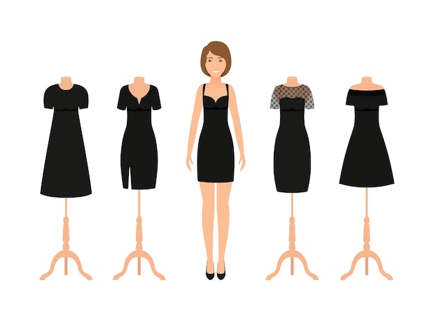 Vektor schwarzes kleidchen für frauen satz von fünf eleganten cocktailkleidern kollektion mädchenkleidung silhouette bekleidung