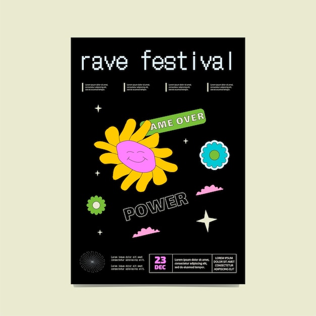 Schwarzes Poster mit farbenfrohen, groovigen Gänseblümchenwolken und Inschriften Rave Fetsival Artwork Vector Flyer