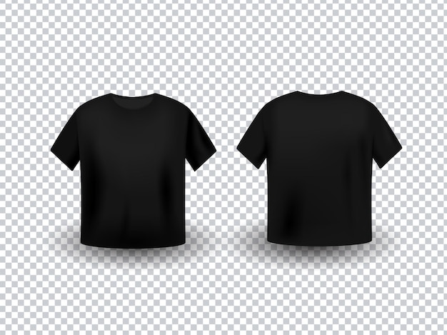 Schwarzes realistisches T-Shirt Mockup mit Vorder- und Rückansicht auf transparentem Hintergrund.