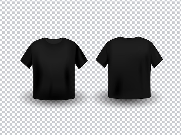 Vektor schwarzes realistisches t-shirt mockup mit vorder- und rückansicht auf transparentem hintergrund.