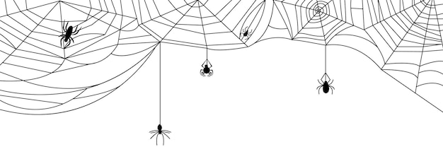 Vektor schwarzes spinnennetz, isoliertes banner, spinnennetz-halloween-hintergrund mit spinnen-silhouetten. gruselige wandaufklebernetze auf weiß, anständige vektorgrafiken. illustration eines halloween-spinnennetzes