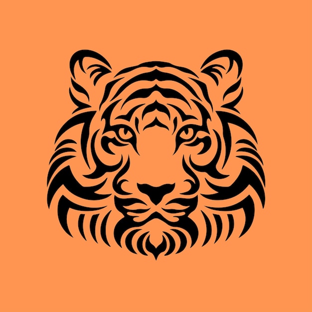 Schwarzes tigerkopf-symbol-logo auf orangefarbenem hintergrund wild animal tribal tattoo vector design