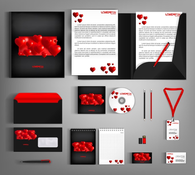 Schwarzes trendiges corporate-identity-template-design mit rotem herzmuster