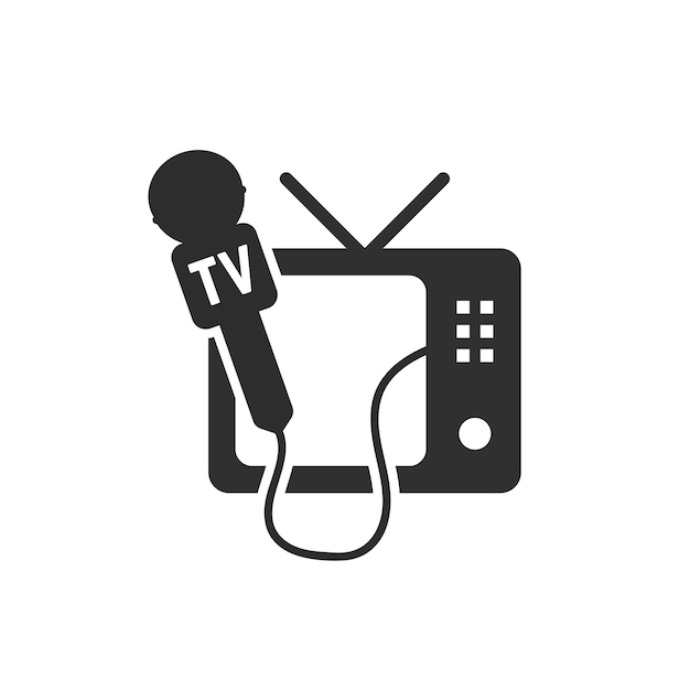 Schwarzes tv- und mikrofonsymbol. konzept des globalen internetradios, zeitungsinterviews, sprechen, fernsehkanäle. isoliert auf weißem hintergrund. flat style trend moderne logo design vector illustration