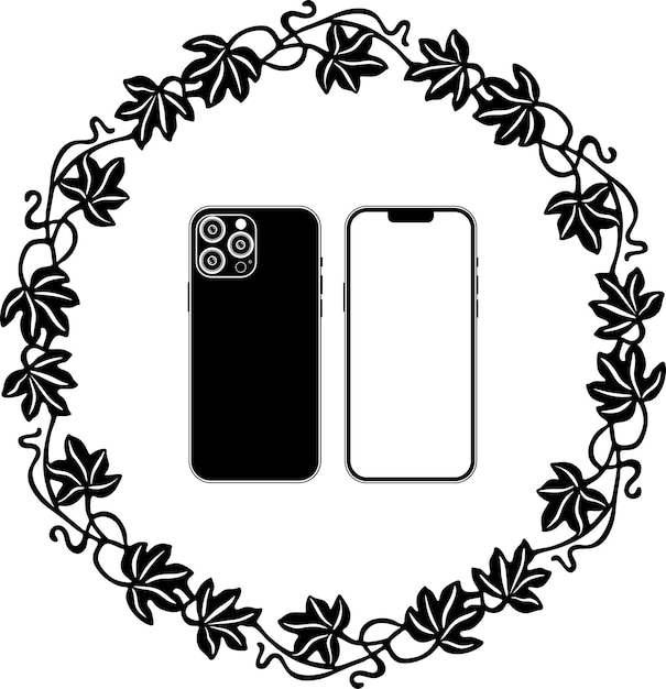 Vektor schwarzes umrisslogo des smartphones mit blumenrahmen handgefertigte silhouette modell 98